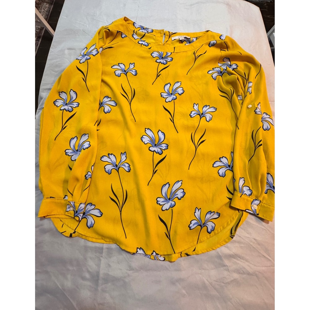 LOFT Mustard Yellow Floral Long Sleeve Blouse Top Large Blue White Flowers